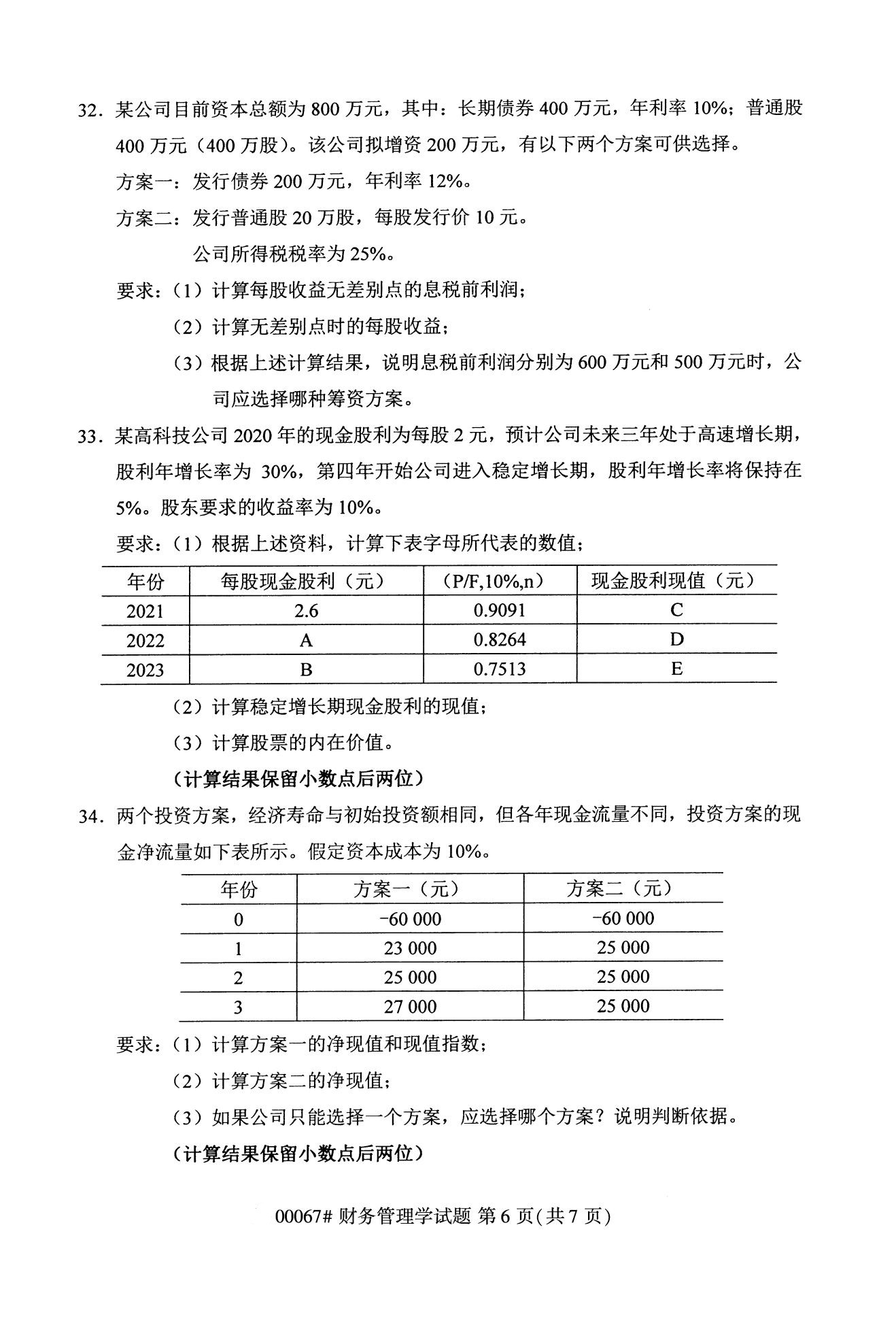 全国2020年10月自考00067财务管理学试题