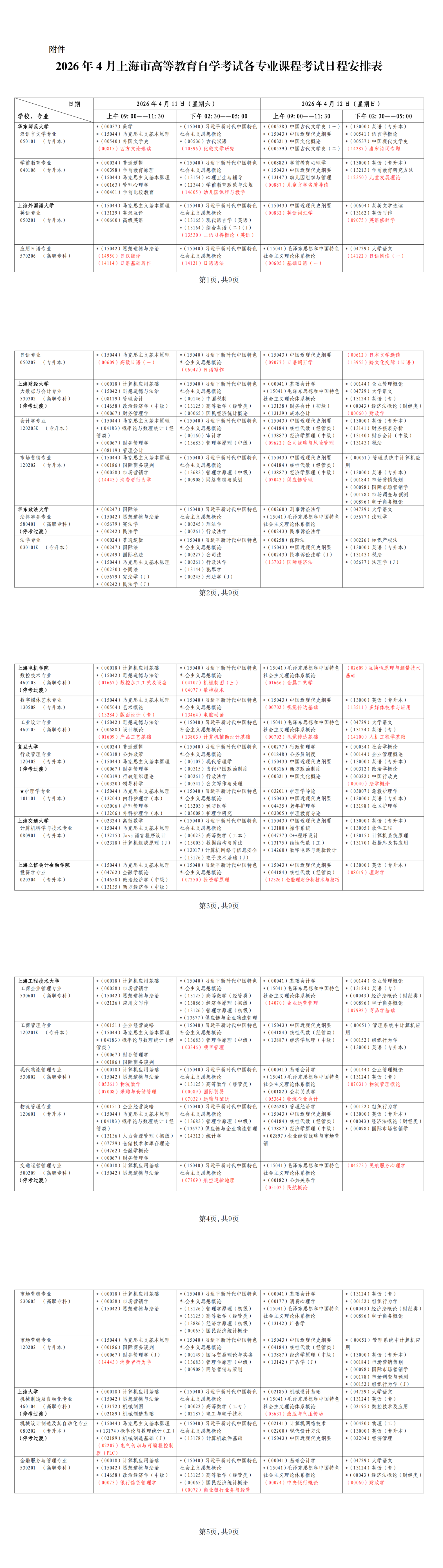 上海自考考试安排